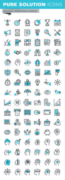 Modern thin line flat design icons set of business strategy, planning, analysis, e-banking, m-banking, investment, human resources, character experience. Outline icon collection for web graphic.