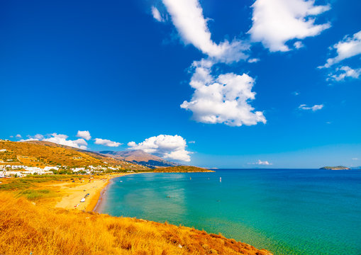 The beautiful beach of Aghios Petros near Gavrio at Andros island in Greece