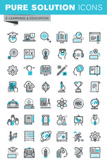 Modern thin line flat design icons set of online education, video tutorials, e-book, science, creative process, university and courses. Outline icon collection for web graphic.