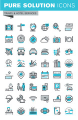 Fototapeta premium Modern thin line flat design icons set of travel and tourism sign and object, holiday trip planning, hotel services, accommodation. Outline icon collection for web graphic.