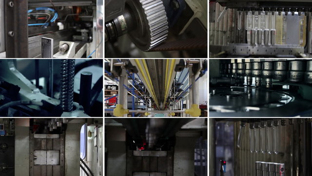 Automated machine in working process, montage. Multi camera view, 4k