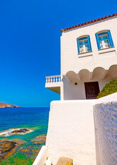 beautiful old house with view to the sea at Chora, the capital of Andros island in Greece