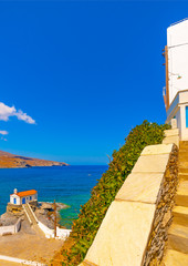 beautiful small church by the sea at Chora, the capital of Andros island in Greece
