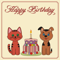 Fototapeta premium happy birthday card, funny kitten and puppy with birthday cake, handwritten text