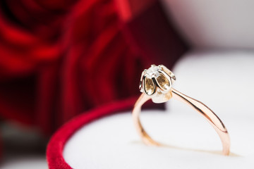Macro photo of golden ring with diamont