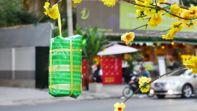Atmosphere of springtime with colorful scene on Saigon street, Vietnamese woman in ao dai, posing beside flower to take photo on Tet holiday, Vietnam, Jan 30, 2016