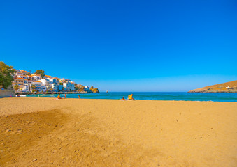 The famous Neimporio sand beach at Chora of Andros island in Greece 
