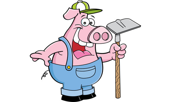 Cartoon illustration of a pig in overalls holding a hoe.