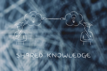 men with thought bubbles connected with a plug, shared knowledge