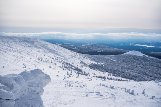 View From The Top Of The Mountain. Natural Winter Background Old South Ural Mountains