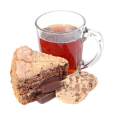 slice of chocolate cake with cup of tea on white