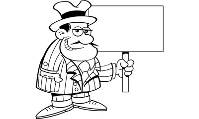 Black and white illustration of a criminal holding a sign.