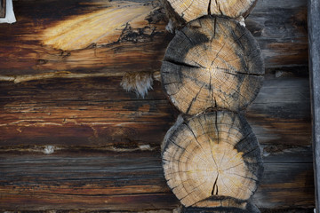 old wooden background. Log hut