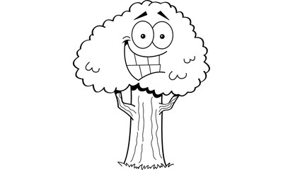 Black and white illustration of a smiling tree.