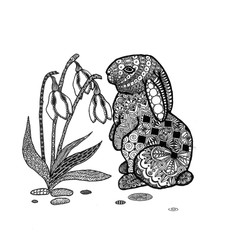 the rabbit and lilies of the valley outline hand drawn for adult coloring isolated on the white background