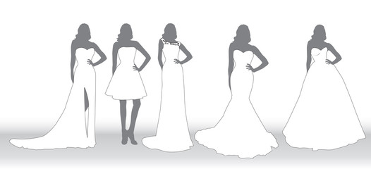 Set silhouettes of brides in various wedding dresses