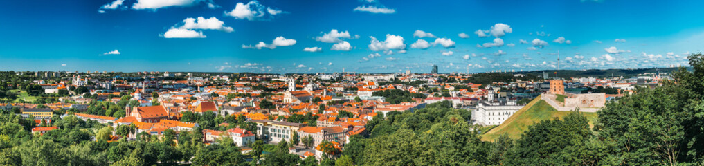 Fototapeta na wymiar Panorama of Cityscape with Old Tower Of Gediminas or Gedimino In