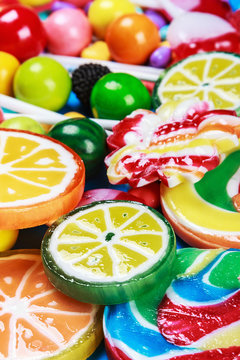 multicolored lollipops, candy and chewing gum background