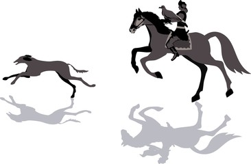 Kazakh rider hunting with eagle and greyhound. Isolated on white Vector illustration.