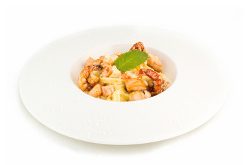 Pasta with salmon fish on white background