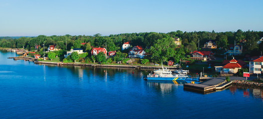 Beautiful super wide-angle panoramic aerial view of Stockholm archipelago, Sweden with harbor and...