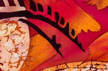 Horns, hot batik, background orange and red texture, handmade on silk, abstract surrealism art