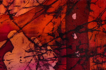 Abstraction, hot batik, background orange and red texture, handmade on silk, abstract surrealism art