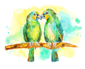 Two green parrots. Lovebirds sitting on a branch. Watercolor illustration on white background