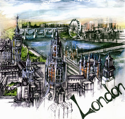 the panoramic view of London watercolor of european union