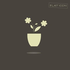 Flat icon of the blooming plant in pot. Blooming plant in pot on a dark background, shadow, vector