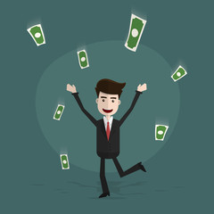 Happy young business man enjoying money rain,Business character