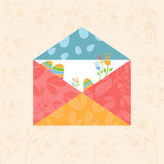 Concept Happy Easter envelope with flowers and eggs. Vector