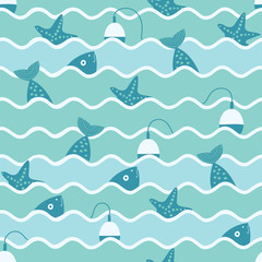 Vector seamless pattern of waves and fish