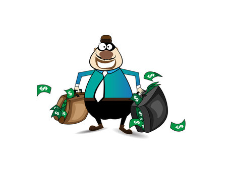Male burglar with a mask on his head running with a briefcase full of money isolated on white background