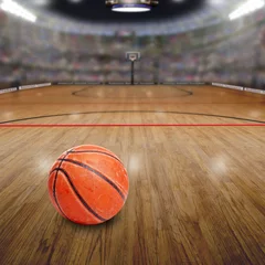 Foto op Aluminium Basketball Arena With Ball on Court and Copy Space. Rendered in Photoshop. © ronniechua
