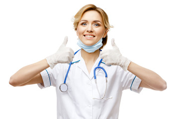 Woman doctor standing on white background
