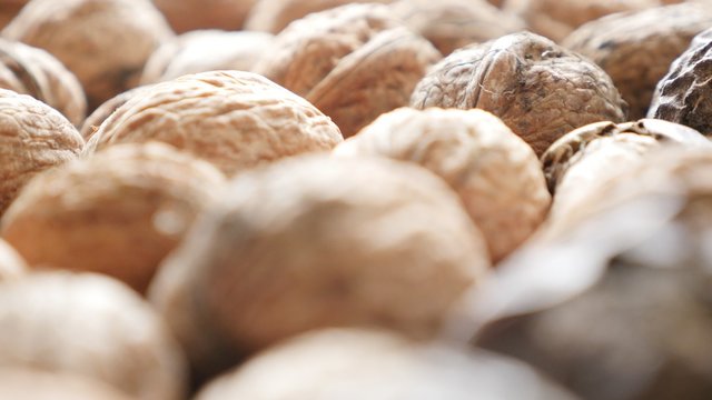 Walnuts in shell arranged natural organic food 4K 2160p 30fps UltraHD footage - Juglans regia Juglandaceae family fruit healthy autumn product 4K 3840X2160 UHD video 