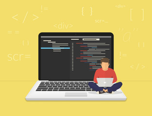 Man is sitting on the big laptop and working. Flat modern illustration of young programmer coding a new project using computer - obrazy, fototapety, plakaty