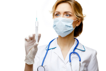 Woman doctor standing on white background