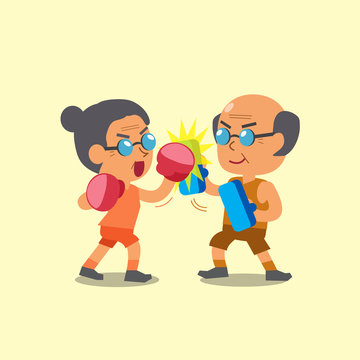 Cartoon sport old woman and old man doing uppercut punch training