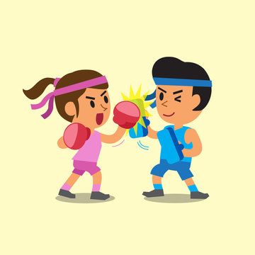 Cartoon sport woman and man doing uppercut punch training
