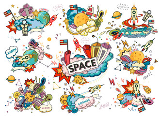 Fototapeta premium Cartoon vector illustration of space. Moon, planet, rocket, earth, cosmonaut, comet, universe. Classification, milky way. Hand drawn. Abstract