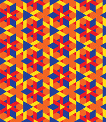 Decorative seamless geometrical pattern of triangles in blue, red, yellow and orange colors