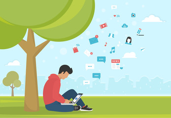 Young man sitting in the park under a tree and working with laptop. Flat modern illustration of social networking, searching and sending email and texting to friends