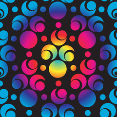 Endless pattern with colorful gradient circle and semicircle elements on black background