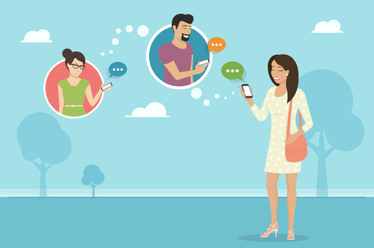 Smiling woman holds the smartphone in her hand and sending messages to friends via messenger app. Flat illustration of instant texting and data sharing 