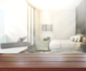 Obraz premium Table Top And Blur Background In Bedroom