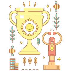 Naklejka premium Character in cartoon style with smiley golden cup for winners.