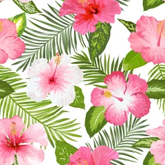 Deurstickers Tropische bloemen en bladeren achtergrond - Vintage naadloze patroon © wooster