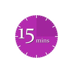 Purple timer icon, a 15-minute clock, vector